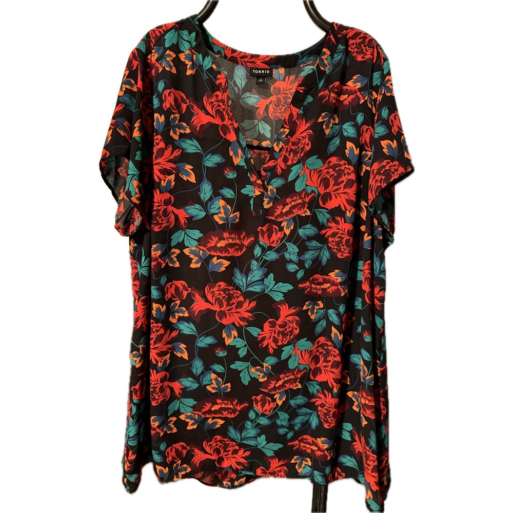 Torrid Womens Red Teal Floral Split V-Neck High Low Blouse Top Plus Size 2 2X